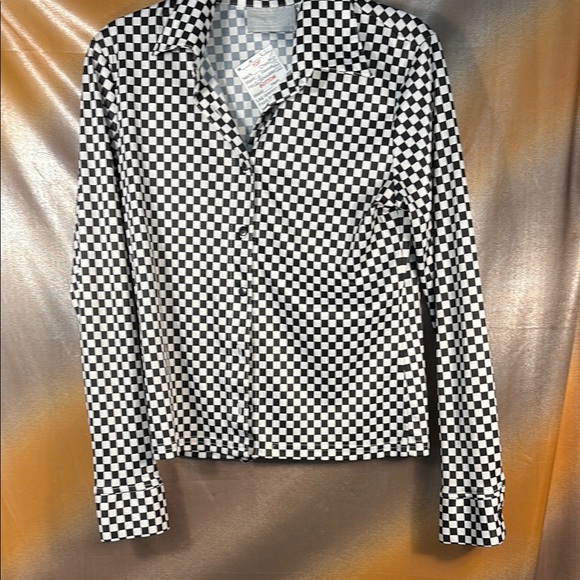 Tops - Vintage 80’s polyester Black and White Checkered Button-Up Shirt 36” chest‎ H1